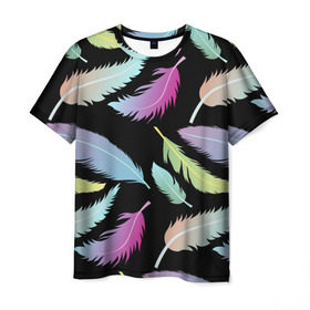 Мужская футболка 3D с принтом Радужные перья в Екатеринбурге, 100% полиэфир | прямой крой, круглый вырез горловины, длина до линии бедер | арт | белый | мульт | новинки | прикольный | птица | рисунок | сова | филин | черный