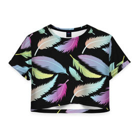 Женская футболка 3D укороченная с принтом Радужные перья в Екатеринбурге, 100% полиэстер | круглая горловина, длина футболки до линии талии, рукава с отворотами | арт | белый | мульт | новинки | прикольный | птица | рисунок | сова | филин | черный