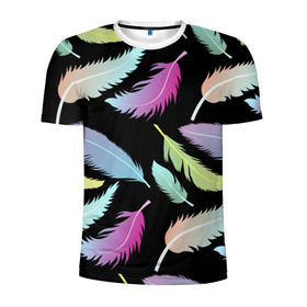 Мужская футболка 3D спортивная с принтом Радужные перья в Екатеринбурге, 100% полиэстер с улучшенными характеристиками | приталенный силуэт, круглая горловина, широкие плечи, сужается к линии бедра | арт | белый | мульт | новинки | прикольный | птица | рисунок | сова | филин | черный