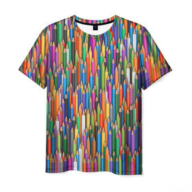 Мужская футболка 3D с принтом Разноцветные карандаши в Екатеринбурге, 100% полиэфир | прямой крой, круглый вырез горловины, длина до линии бедер | дизайнер | карандаш | палитра | паттерн | радуга | рисование | рисунок | художник | цвет | цветной | школа