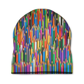 Шапка 3D с принтом Разноцветные карандаши в Екатеринбурге, 100% полиэстер | универсальный размер, печать по всей поверхности изделия | дизайнер | карандаш | палитра | паттерн | радуга | рисование | рисунок | художник | цвет | цветной | школа