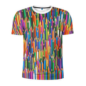 Мужская футболка 3D спортивная с принтом Разноцветные карандаши в Екатеринбурге, 100% полиэстер с улучшенными характеристиками | приталенный силуэт, круглая горловина, широкие плечи, сужается к линии бедра | дизайнер | карандаш | палитра | паттерн | радуга | рисование | рисунок | художник | цвет | цветной | школа