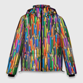 Мужская зимняя куртка 3D с принтом Разноцветные карандаши в Екатеринбурге, верх — 100% полиэстер; подкладка — 100% полиэстер; утеплитель — 100% полиэстер | длина ниже бедра, свободный силуэт Оверсайз. Есть воротник-стойка, отстегивающийся капюшон и ветрозащитная планка. 

Боковые карманы с листочкой на кнопках и внутренний карман на молнии. | Тематика изображения на принте: дизайнер | карандаш | палитра | паттерн | радуга | рисование | рисунок | художник | цвет | цветной | школа