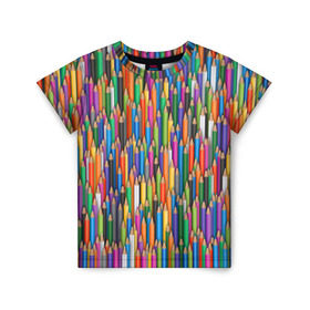 Детская футболка 3D с принтом Разноцветные карандаши в Екатеринбурге, 100% гипоаллергенный полиэфир | прямой крой, круглый вырез горловины, длина до линии бедер, чуть спущенное плечо, ткань немного тянется | дизайнер | карандаш | палитра | паттерн | радуга | рисование | рисунок | художник | цвет | цветной | школа