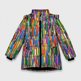Зимняя куртка для девочек 3D с принтом Разноцветные карандаши в Екатеринбурге, ткань верха — 100% полиэстер; подклад — 100% полиэстер, утеплитель — 100% полиэстер. | длина ниже бедра, удлиненная спинка, воротник стойка и отстегивающийся капюшон. Есть боковые карманы с листочкой на кнопках, утяжки по низу изделия и внутренний карман на молнии. 

Предусмотрены светоотражающий принт на спинке, радужный светоотражающий элемент на пуллере молнии и на резинке для утяжки. | дизайнер | карандаш | палитра | паттерн | радуга | рисование | рисунок | художник | цвет | цветной | школа