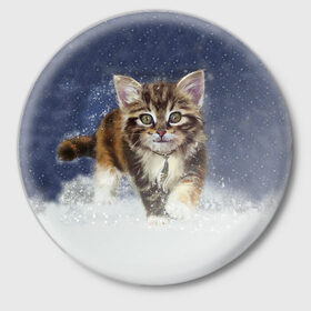 Значок с принтом Зимний котик в Екатеринбурге,  металл | круглая форма, металлическая застежка в виде булавки | зима | кот | котенок | кошка | новый год | снег | снежинка | снежок