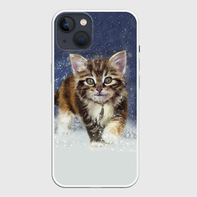 Чехол для iPhone 13 с принтом Зимний котик в Екатеринбурге,  |  | Тематика изображения на принте: зима | кот | котенок | кошка | новый год | снег | снежинка | снежок