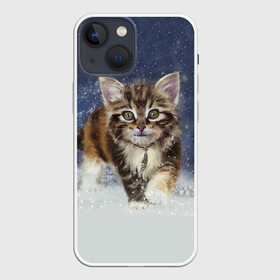 Чехол для iPhone 13 mini с принтом Зимний котик в Екатеринбурге,  |  | Тематика изображения на принте: зима | кот | котенок | кошка | новый год | снег | снежинка | снежок