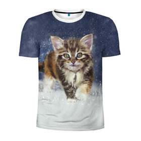 Мужская футболка 3D спортивная с принтом Зимний котик в Екатеринбурге, 100% полиэстер с улучшенными характеристиками | приталенный силуэт, круглая горловина, широкие плечи, сужается к линии бедра | зима | кот | котенок | кошка | новый год | снег | снежинка | снежок