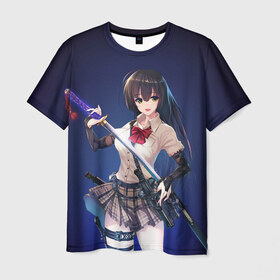 Мужская футболка 3D с принтом Anime girl в Екатеринбурге, 100% полиэфир | прямой крой, круглый вырез горловины, длина до линии бедер | anime | girl | japan | katana | samurai | sword | аниме | девушка | катана | меч | оружие | самурай | япония