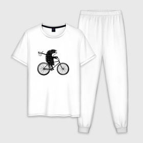 Мужская пижама хлопок с принтом Ежик на велосипеде в Екатеринбурге, 100% хлопок | брюки и футболка прямого кроя, без карманов, на брюках мягкая резинка на поясе и по низу штанин
 | Тематика изображения на принте: велосипед | ежик