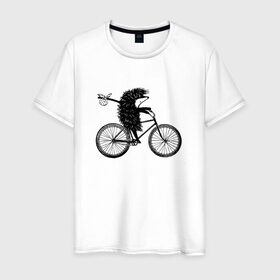 Мужская футболка хлопок с принтом Ежик на велосипеде в Екатеринбурге, 100% хлопок | прямой крой, круглый вырез горловины, длина до линии бедер, слегка спущенное плечо. | велосипед | ежик