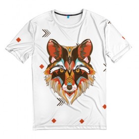 Мужская футболка 3D с принтом Этнический лис в Екатеринбурге, 100% полиэфир | прямой крой, круглый вырез горловины, длина до линии бедер | дикая | дикий | лес | лис | лиса | луна | ночь | собака | тьма