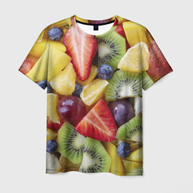 Мужская футболка 3D с принтом Фруктовое ассорти в Екатеринбурге, 100% полиэфир | прямой крой, круглый вырез горловины, длина до линии бедер | витамины | еда | клубника | лимон | малина | овощи | фрукты | цвета | яблоко | яркие