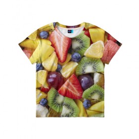 Детская футболка 3D с принтом Фруктовое ассорти в Екатеринбурге, 100% гипоаллергенный полиэфир | прямой крой, круглый вырез горловины, длина до линии бедер, чуть спущенное плечо, ткань немного тянется | витамины | еда | клубника | лимон | малина | овощи | фрукты | цвета | яблоко | яркие