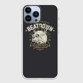 Чехол для iPhone 13 Pro Max с принтом Beatdown Ghetto 1986 в Екатеринбурге,  |  | Тематика изображения на принте: bones | gothic | grunge | horns | lightning | rock and roll | skeleton | skull | tattoo | готика | гранж | кости | молнии | рога | рок н ролл | скелет | тату | череп