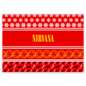 Поздравительная открытка с принтом Праздничный Nirvana в Екатеринбурге, 100% бумага | плотность бумаги 280 г/м2, матовая, на обратной стороне линовка и место для марки
 | Тематика изображения на принте: cobain | kurt | nirvana | альтернативный | гранж | группа | дональд | знак | кобейн | красный | курт | музыка | музыкант | надпись | нервана | нирвана | новогодний | новоселич | новый год | певец | праздник