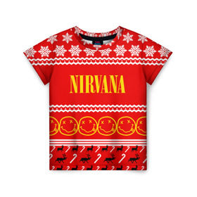 Детская футболка 3D с принтом Праздничный Nirvana в Екатеринбурге, 100% гипоаллергенный полиэфир | прямой крой, круглый вырез горловины, длина до линии бедер, чуть спущенное плечо, ткань немного тянется | cobain | kurt | nirvana | альтернативный | гранж | группа | дональд | знак | кобейн | красный | курт | музыка | музыкант | надпись | нервана | нирвана | новогодний | новоселич | новый год | певец | праздник