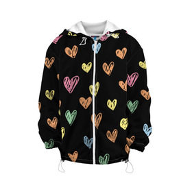Детская куртка 3D с принтом Разноцветные сердечки в Екатеринбурге, 100% полиэстер | застежка — молния, подол и капюшон оформлены резинкой с фиксаторами, по бокам — два кармана без застежек, один потайной карман на груди, плотность верхнего слоя — 90 г/м2; плотность флисового подклада — 260 г/м2 | Тематика изображения на принте: 14 | love | валентин | губы | день | любовь | подарок | поцелуй | сердце | страсть | февраль
