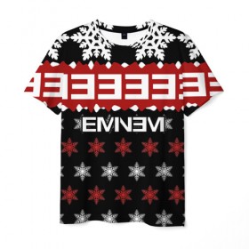 Мужская футболка 3D с принтом Праздничный Eminem в Екатеринбурге, 100% полиэфир | прямой крой, круглый вырез горловины, длина до линии бедер | hip hop | hiphop | mc | rap | брюс | еменем | еминем | зачитал | знак | красный | маршалл | мс | мэтерс | надпись | новогодний | новый год | праздник | реп | репер | речитатив | рождество | рэп | рэпер | снежинки | хип