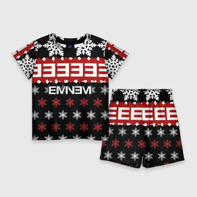 Детский костюм с шортами 3D с принтом Праздничный Eminem в Екатеринбурге,  |  | Тематика изображения на принте: hip hop | hiphop | mc | rap | брюс | еменем | еминем | зачитал | знак | красный | маршалл | мс | мэтерс | надпись | новогодний | новый год | праздник | реп | репер | речитатив | рождество | рэп | рэпер | снежинки | хип