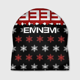 Шапка 3D с принтом Праздничный Eminem в Екатеринбурге, 100% полиэстер | универсальный размер, печать по всей поверхности изделия | Тематика изображения на принте: hip hop | hiphop | mc | rap | брюс | еменем | еминем | зачитал | знак | красный | маршалл | мс | мэтерс | надпись | новогодний | новый год | праздник | реп | репер | речитатив | рождество | рэп | рэпер | снежинки | хип