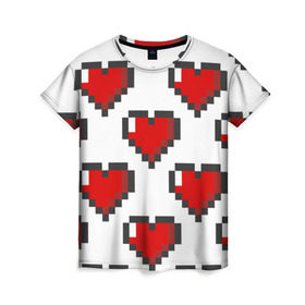 Женская футболка 3D с принтом Пиксельные сердечки в Екатеринбурге, 100% полиэфир ( синтетическое хлопкоподобное полотно) | прямой крой, круглый вырез горловины, длина до линии бедер | Тематика изображения на принте: 14 | love | валентин | губы | день | любовь | подарок | поцелуй | сердце | страсть | февраль
