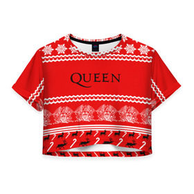 Женская футболка 3D укороченная с принтом Праздничный Queen в Екатеринбурге, 100% полиэстер | круглая горловина, длина футболки до линии талии, рукава с отворотами | paul rodg | queen | quen | брайан мэй | глэм | группа | джон дикон | знак | квин | королева | красный | куин | меркури | меркьюри | мэркури | надпись | новогодний | новый год | поп | праздник | роджер тейлор