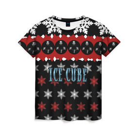 Женская футболка 3D с принтом Праздничный Ice Cube в Екатеринбурге, 100% полиэфир ( синтетическое хлопкоподобное полотно) | прямой крой, круглый вырез горловины, длина до линии бедер | hip hop | hiphop | ice cube | mc | n.w.a | rap | айс | джексон | западное по | знак | красный | куб | кубе | кубик льда | кьюб | мс | надпись | новогодний | новый год | о ши | оши | праздник | реп | репер | речитатив | рождество