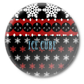 Значок с принтом Праздничный Ice Cube в Екатеринбурге,  металл | круглая форма, металлическая застежка в виде булавки | Тематика изображения на принте: hip hop | hiphop | ice cube | mc | n.w.a | rap | айс | джексон | западное по | знак | красный | куб | кубе | кубик льда | кьюб | мс | надпись | новогодний | новый год | о ши | оши | праздник | реп | репер | речитатив | рождество