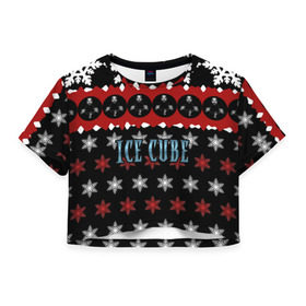 Женская футболка 3D укороченная с принтом Праздничный Ice Cube в Екатеринбурге, 100% полиэстер | круглая горловина, длина футболки до линии талии, рукава с отворотами | hip hop | hiphop | ice cube | mc | n.w.a | rap | айс | джексон | западное по | знак | красный | куб | кубе | кубик льда | кьюб | мс | надпись | новогодний | новый год | о ши | оши | праздник | реп | репер | речитатив | рождество