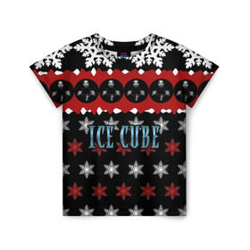 Детская футболка 3D с принтом Праздничный Ice Cube в Екатеринбурге, 100% гипоаллергенный полиэфир | прямой крой, круглый вырез горловины, длина до линии бедер, чуть спущенное плечо, ткань немного тянется | hip hop | hiphop | ice cube | mc | n.w.a | rap | айс | джексон | западное по | знак | красный | куб | кубе | кубик льда | кьюб | мс | надпись | новогодний | новый год | о ши | оши | праздник | реп | репер | речитатив | рождество
