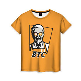 Женская футболка 3D с принтом BITCOIN в стиле KFC в Екатеринбурге, 100% полиэфир ( синтетическое хлопкоподобное полотно) | прямой крой, круглый вырез горловины, длина до линии бедер | bitcoin | btc | crypto | kfc | биткоин | валюта | деньги | криптовалюта | цифровое золото