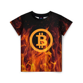 Детская футболка 3D с принтом BITCOIN FIRE в Екатеринбурге, 100% гипоаллергенный полиэфир | прямой крой, круглый вырез горловины, длина до линии бедер, чуть спущенное плечо, ткань немного тянется | Тематика изображения на принте: bitcoin | btc | coin | crypto | ethereum | money | orange | биткоин | валюта | деньги | известные | криптовалюта | логотип | монета | надписи.cash | оранжевый | цвет | цифровое золото | эфир