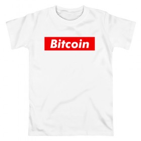 Мужская футболка хлопок с принтом Bitcoin в Екатеринбурге, 100% хлопок | прямой крой, круглый вырез горловины, длина до линии бедер, слегка спущенное плечо. | Тематика изображения на принте: bitcoin | биткоин | деньги