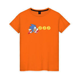 Женская футболка хлопок с принтом Соник в Екатеринбурге, 100% хлопок | прямой крой, круглый вырез горловины, длина до линии бедер, слегка спущенное плечо | bitcoin | sonic | биткоин | деньги | соник