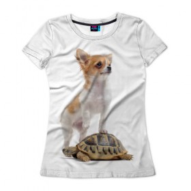Женская футболка 3D с принтом Милые друзья в Екатеринбурге, 100% полиэфир ( синтетическое хлопкоподобное полотно) | прямой крой, круглый вырез горловины, длина до линии бедер | милый | собака | черепаxа | щенок