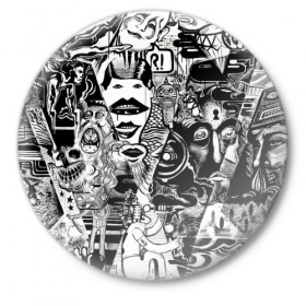 Значок с принтом Стикербомбинг NEW искусство в Екатеринбурге,  металл | круглая форма, металлическая застежка в виде булавки | искусство | стикер | стикербомбинг | чб | чернобелый