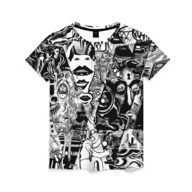 Женская футболка 3D с принтом Стикербомбинг NEW искусство в Екатеринбурге, 100% полиэфир ( синтетическое хлопкоподобное полотно) | прямой крой, круглый вырез горловины, длина до линии бедер | искусство | стикер | стикербомбинг | чб | чернобелый