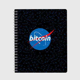 Тетрадь с принтом BITCOIN в стиле NASA в Екатеринбурге, 100% бумага | 48 листов, плотность листов — 60 г/м2, плотность картонной обложки — 250 г/м2. Листы скреплены сбоку удобной пружинной спиралью. Уголки страниц и обложки скругленные. Цвет линий — светло-серый
 | Тематика изображения на принте: bitcoin | btc | crypto | биткоин | валюта | деньги | криптовалюта | майнер | майнинг | цифровое золото
