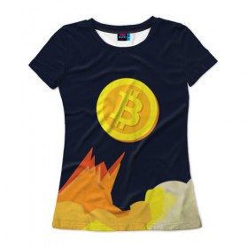 Женская футболка 3D с принтом BITCOIN UP в Екатеринбурге, 100% полиэфир ( синтетическое хлопкоподобное полотно) | прямой крой, круглый вырез горловины, длина до линии бедер | bitcoin | btc | crypto | биткоин | валюта | деньги | криптовалюта | майнер | майнинг | цифровое золото