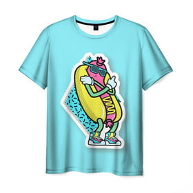 Мужская футболка 3D с принтом Хот-Дог в Екатеринбурге, 100% полиэфир | прямой крой, круглый вырез горловины, длина до линии бедер | 90s style | food | hot dog | pop art | style | еда | поп арт | стиль 90 х | хот дог