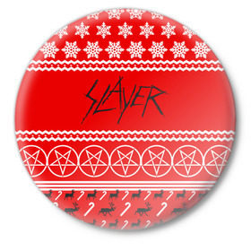 Значок с принтом Праздничный Slayer в Екатеринбурге,  металл | круглая форма, металлическая застежка в виде булавки | Тематика изображения на принте: slayer | группа | гэри холт | знак | керри кинг | красный | метал | музыка | надпись | новогодний | новый год | песни | пол бостаф | праздник | рождество | рок | слаер | слайер | слеар | слеер | слейр | слеяр
