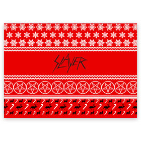 Поздравительная открытка с принтом Праздничный Slayer в Екатеринбурге, 100% бумага | плотность бумаги 280 г/м2, матовая, на обратной стороне линовка и место для марки
 | Тематика изображения на принте: slayer | группа | гэри холт | знак | керри кинг | красный | метал | музыка | надпись | новогодний | новый год | песни | пол бостаф | праздник | рождество | рок | слаер | слайер | слеар | слеер | слейр | слеяр
