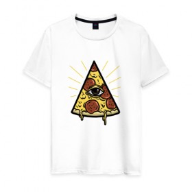 Мужская футболка хлопок с принтом Божественная пицца в Екатеринбурге, 100% хлопок | прямой крой, круглый вырез горловины, длина до линии бедер, слегка спущенное плечо. | вкусняшка | глаз | еда | пицца | фаст фуд | хавчик