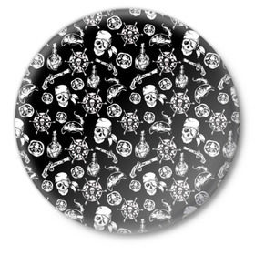 Значок с принтом Pirates Pattern в Екатеринбурге,  металл | круглая форма, металлическая застежка в виде булавки | Тематика изображения на принте: паттерн | пиратский | пираты | черно белый