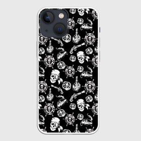 Чехол для iPhone 13 mini с принтом Pirates Pattern в Екатеринбурге,  |  | паттерн | пиратский | пираты | черно белый