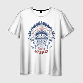 Мужская футболка 3D с принтом Native American в Екатеринбурге, 100% полиэфир | прямой крой, круглый вырез горловины, длина до линии бедер | america | chieftain | feathers | indian | native american | skeleton | skull | tattoo | америка | американец | вождь | индеец | перья | скелет | тату | череп