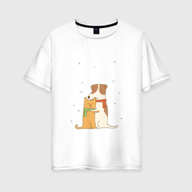 Женская футболка хлопок Oversize с принтом Кот и пес в Екатеринбурге, 100% хлопок | свободный крой, круглый ворот, спущенный рукав, длина до линии бедер
 | год собаки | котик | мемес | москва | новый год | россия | собака