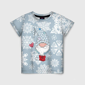 Детская футболка 3D с принтом Милый гномик в Екатеринбурге, 100% гипоаллергенный полиэфир | прямой крой, круглый вырез горловины, длина до линии бедер, чуть спущенное плечо, ткань немного тянется | happy new year | волшебство | гном | гномик | новый год | снег | снежинки